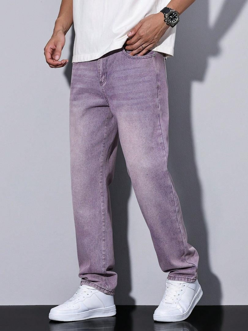 Stoere Rechte Heren Jeans met Washed Denim Look en Zijzakken