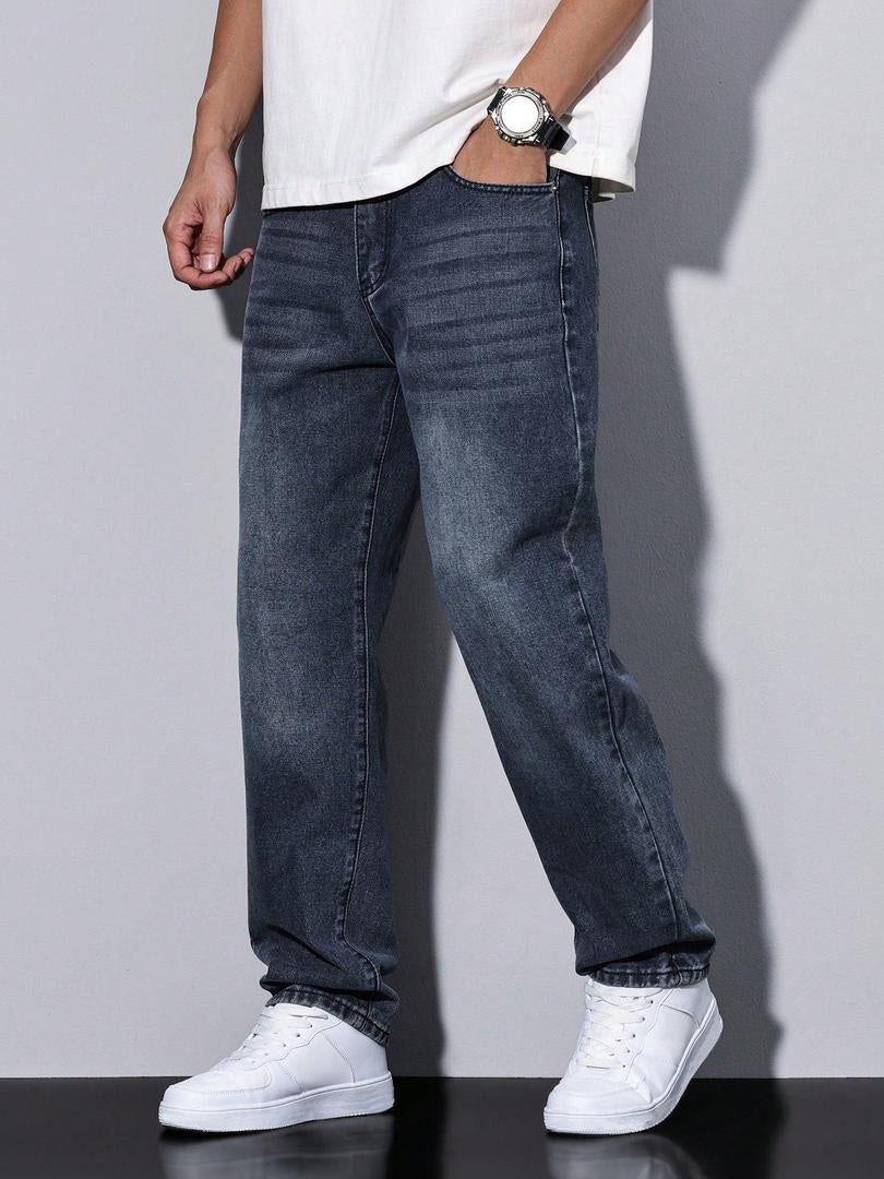 Stoere Rechte Heren Jeans met Washed Denim Look en Zijzakken