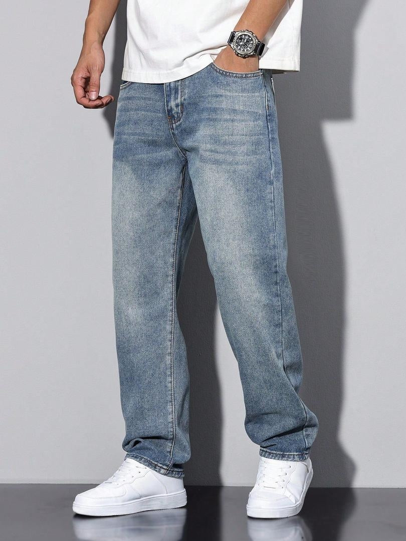 Stoere Rechte Heren Jeans met Washed Denim Look en Zijzakken