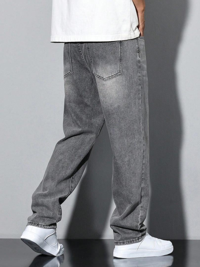 Stoere Rechte Heren Jeans met Washed Denim Look en Zijzakken