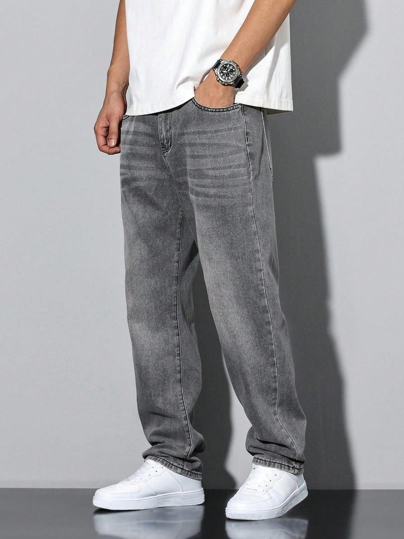 Stoere Rechte Heren Jeans met Washed Denim Look en Zijzakken