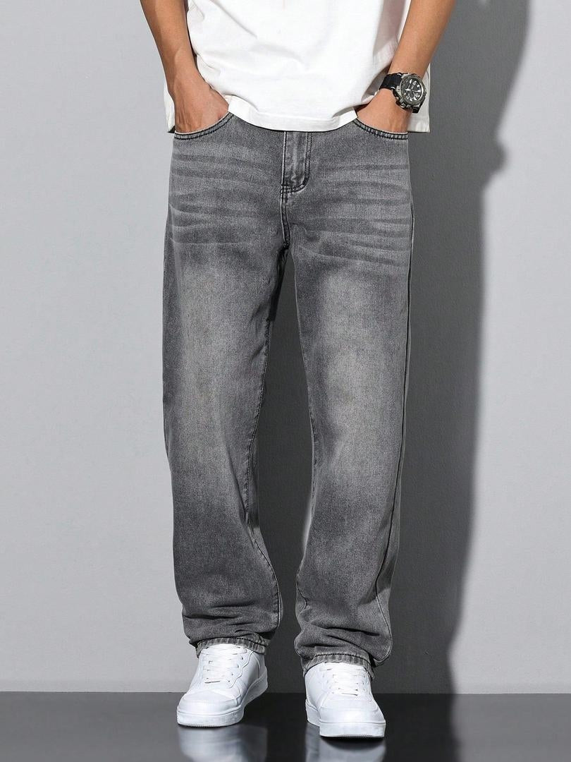 Stoere Rechte Heren Jeans met Washed Denim Look en Zijzakken