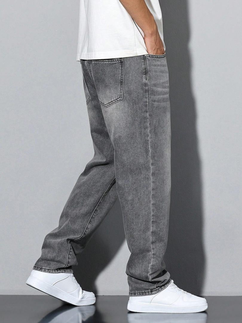 Stoere Rechte Heren Jeans met Washed Denim Look en Zijzakken