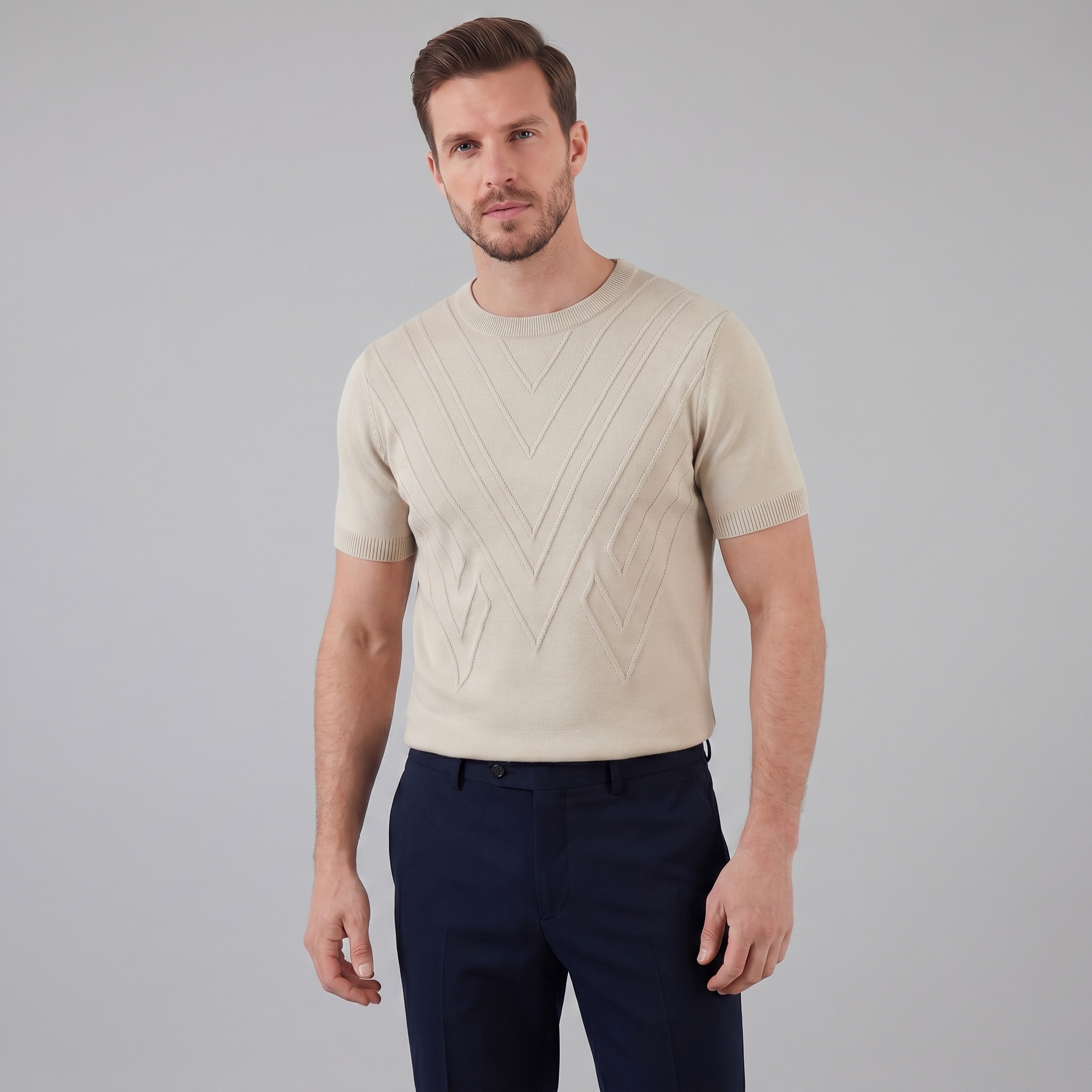 T-shirt til mænd med lange ærmer, afslappet tekstur, rund hals