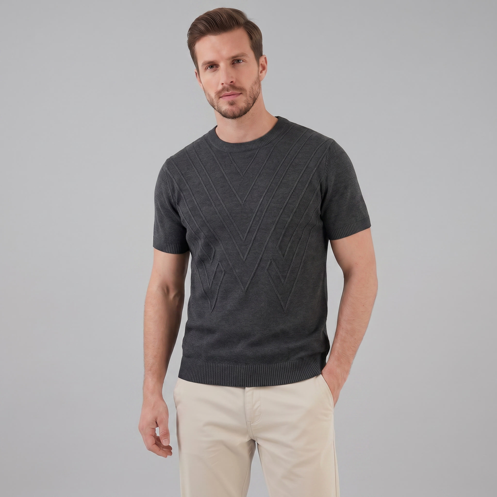 T-Shirt Homem Manga Comprida Casual Textura Gola Redonda