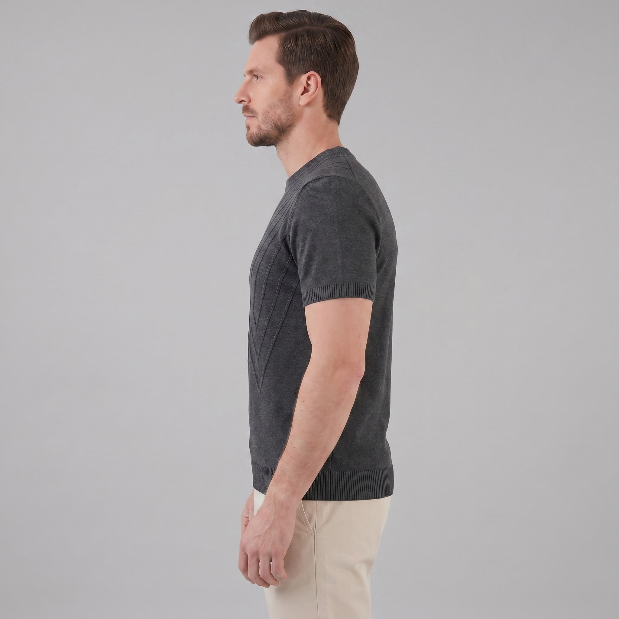 T-Shirt Homem Manga Comprida Casual Textura Gola Redonda