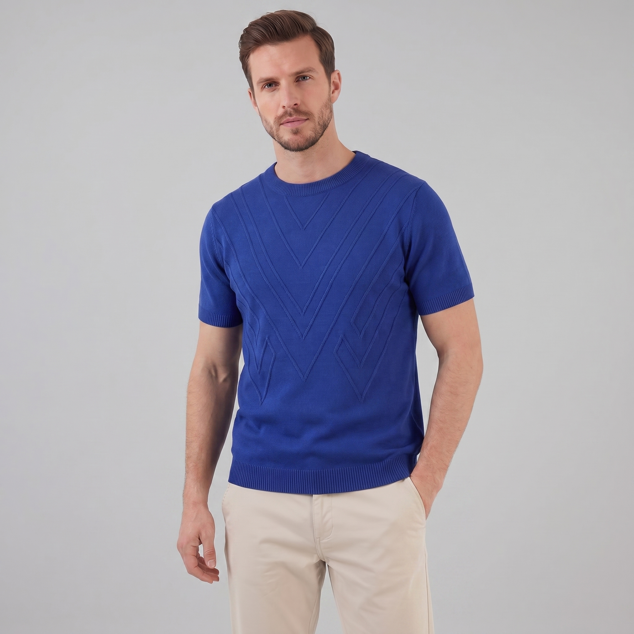 T-Shirt Homem Manga Comprida Casual Textura Gola Redonda