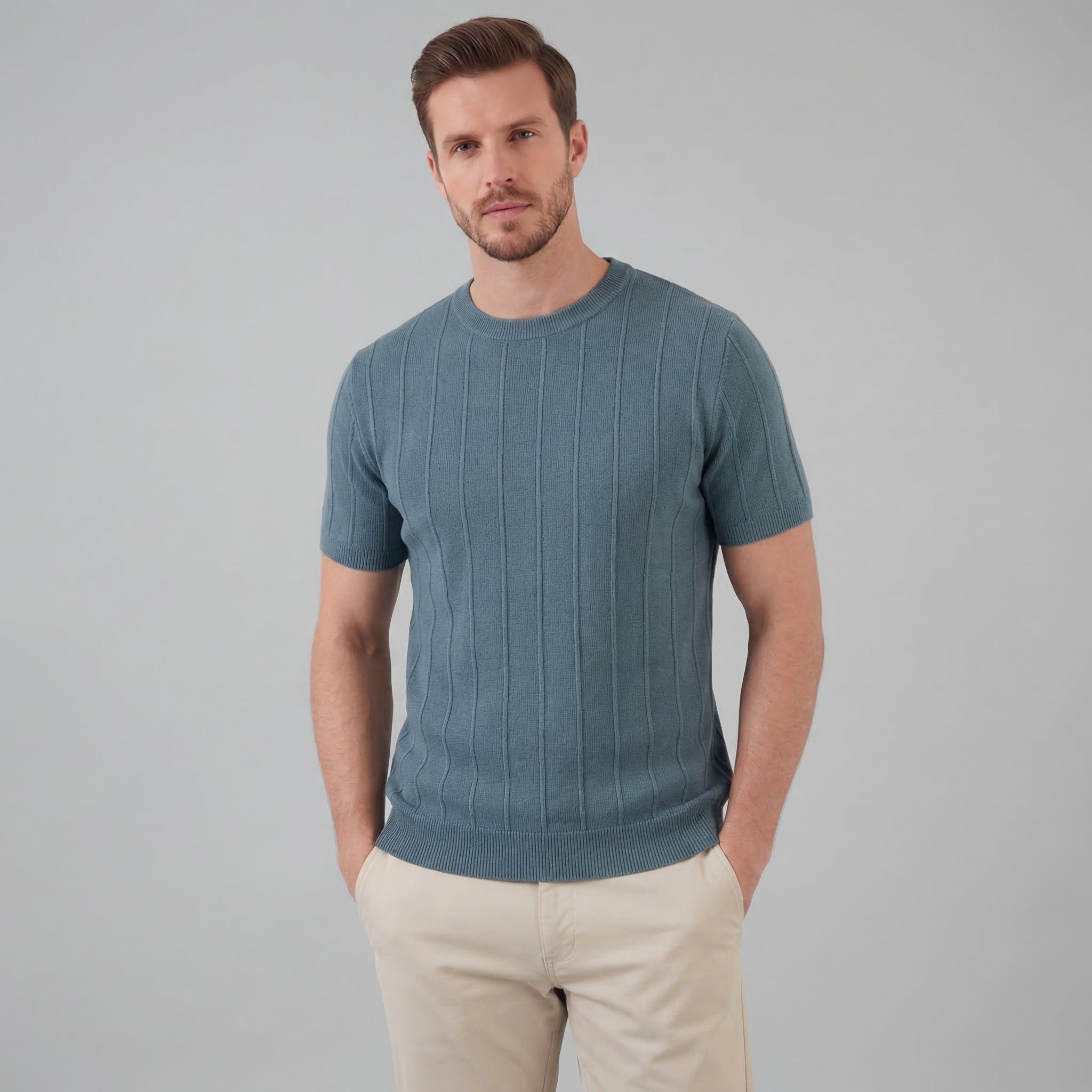 T-Shirt Homem Malha Canelada Casual Chic Manga Comprida