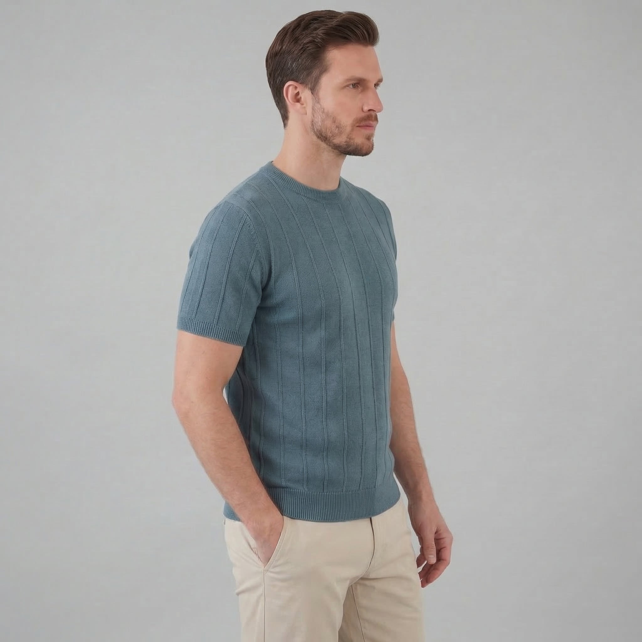 T-Shirt Homem Malha Canelada Casual Chic Manga Comprida
