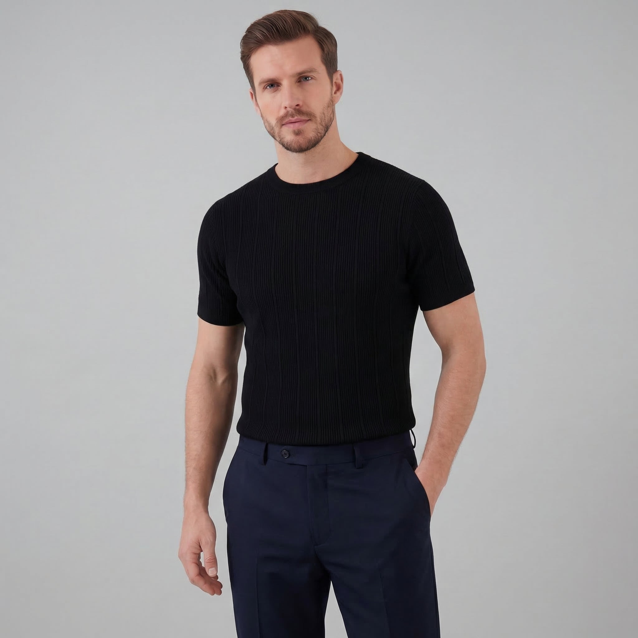 T-Shirt Homem Malha Canelada Casual Chic Manga Comprida