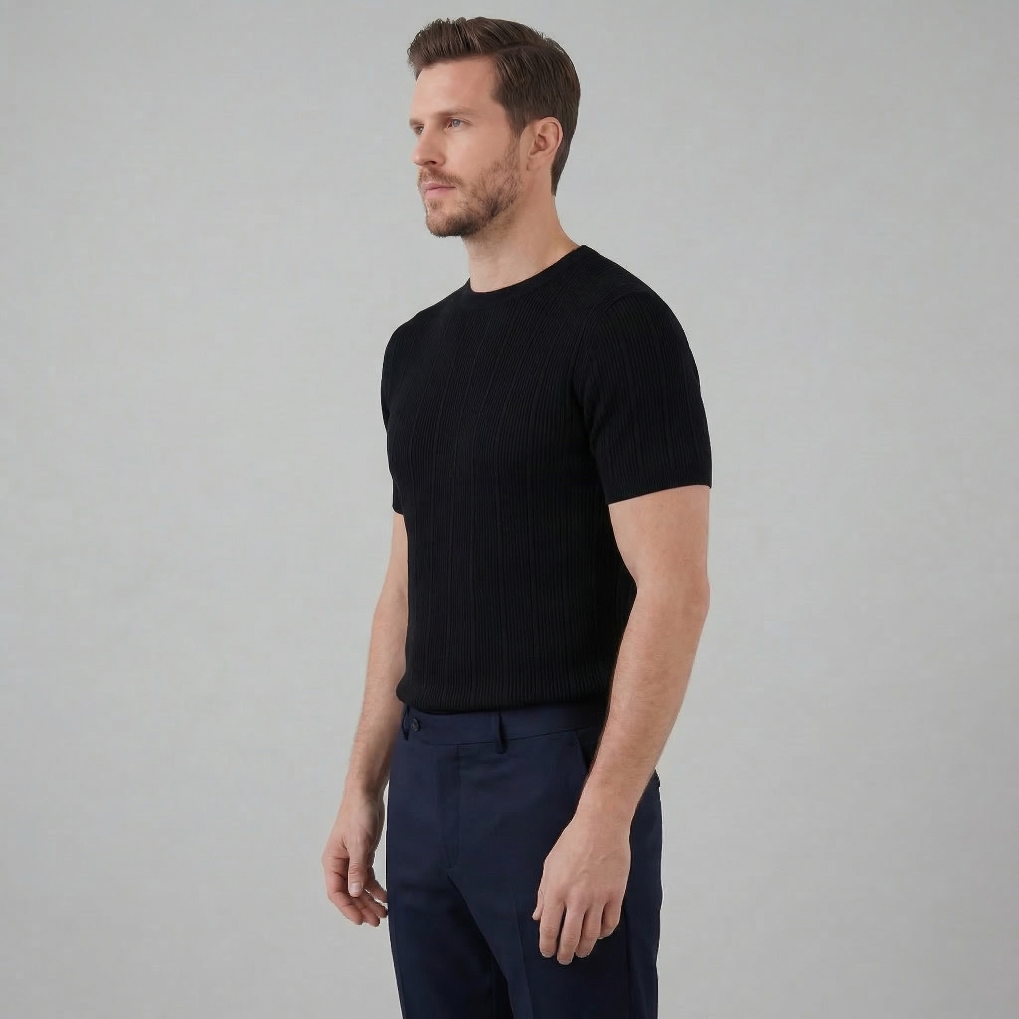 T-Shirt Homem Malha Canelada Casual Chic Manga Comprida