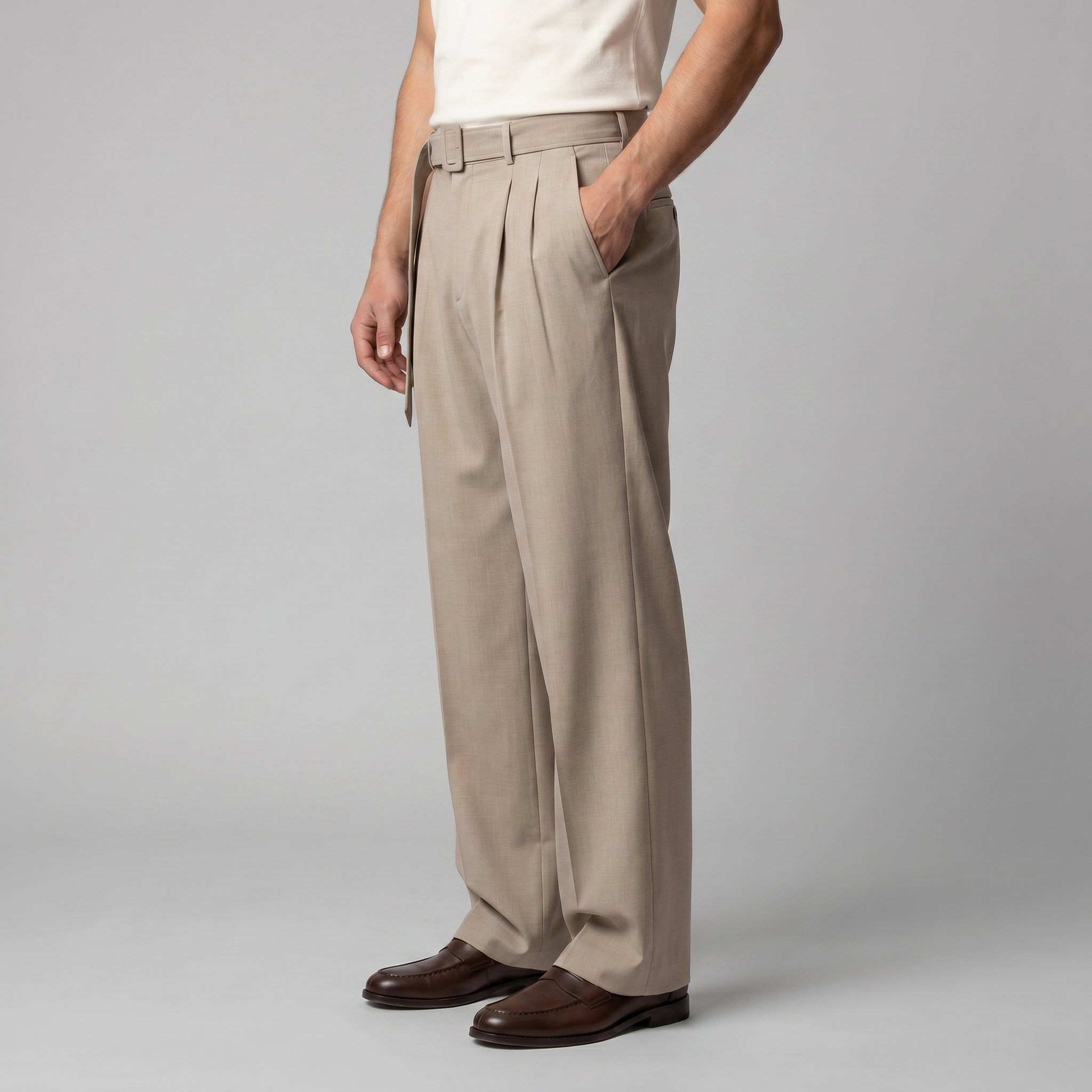 Pantalones a medida para hombre de pierna ancha con cinturón y cintura elástica