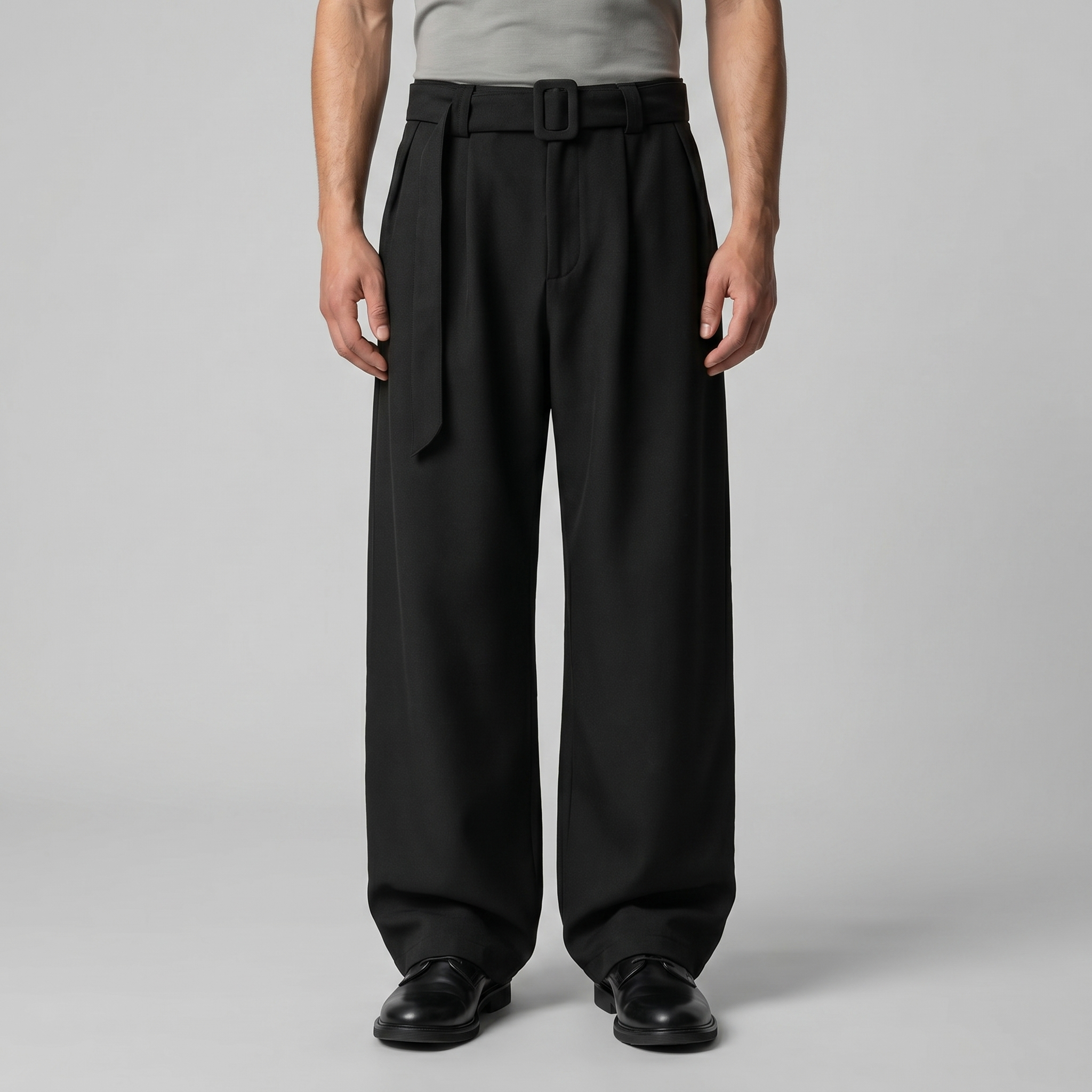 Pantalones a medida para hombre de pierna ancha con cinturón y cintura elástica