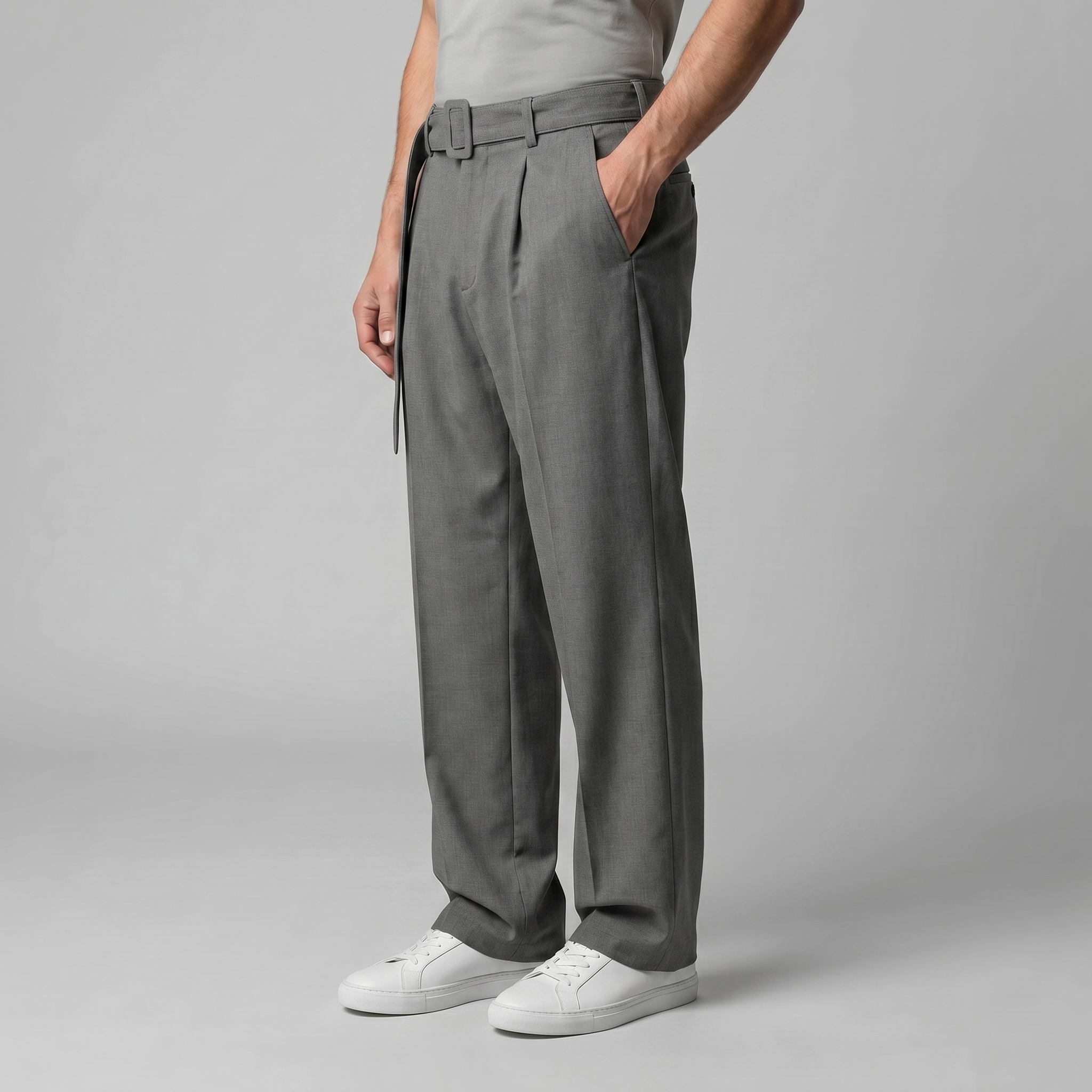 Tailored Trousers Men Wide Leg Belted Elastic Waist