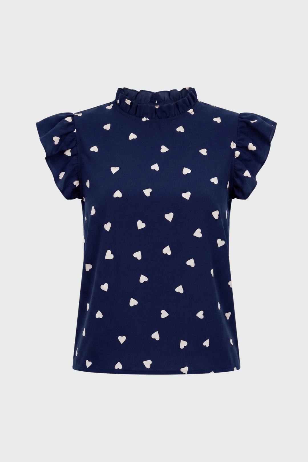 Top Women Heart Print Ruffle Sleeves High Neck Casual