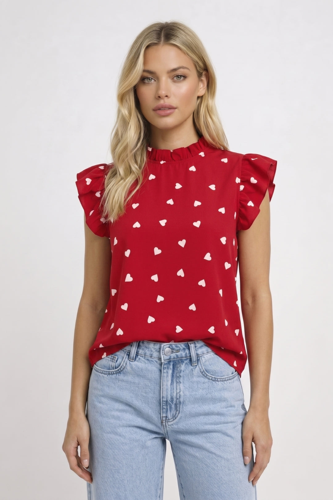 Top Women Heart Print Ruffle Sleeves High Neck Casual