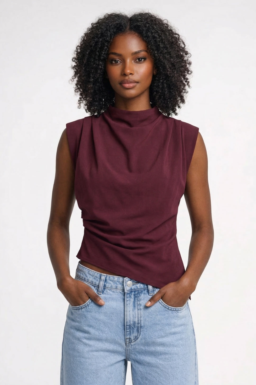 Top Dames Mouwloos Getailleerd Draperie Ronde Hals