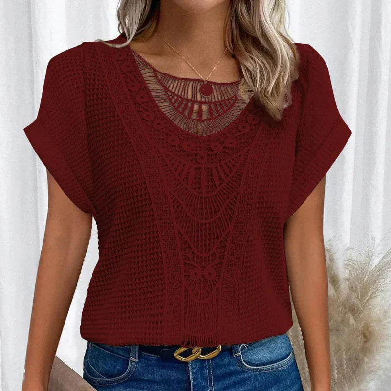Top Damen Rundhals Spitze Elegant Freizeit Bequem Alltag