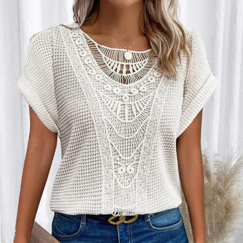 Top Damen Rundhals Spitze Elegant Freizeit Bequem Alltag