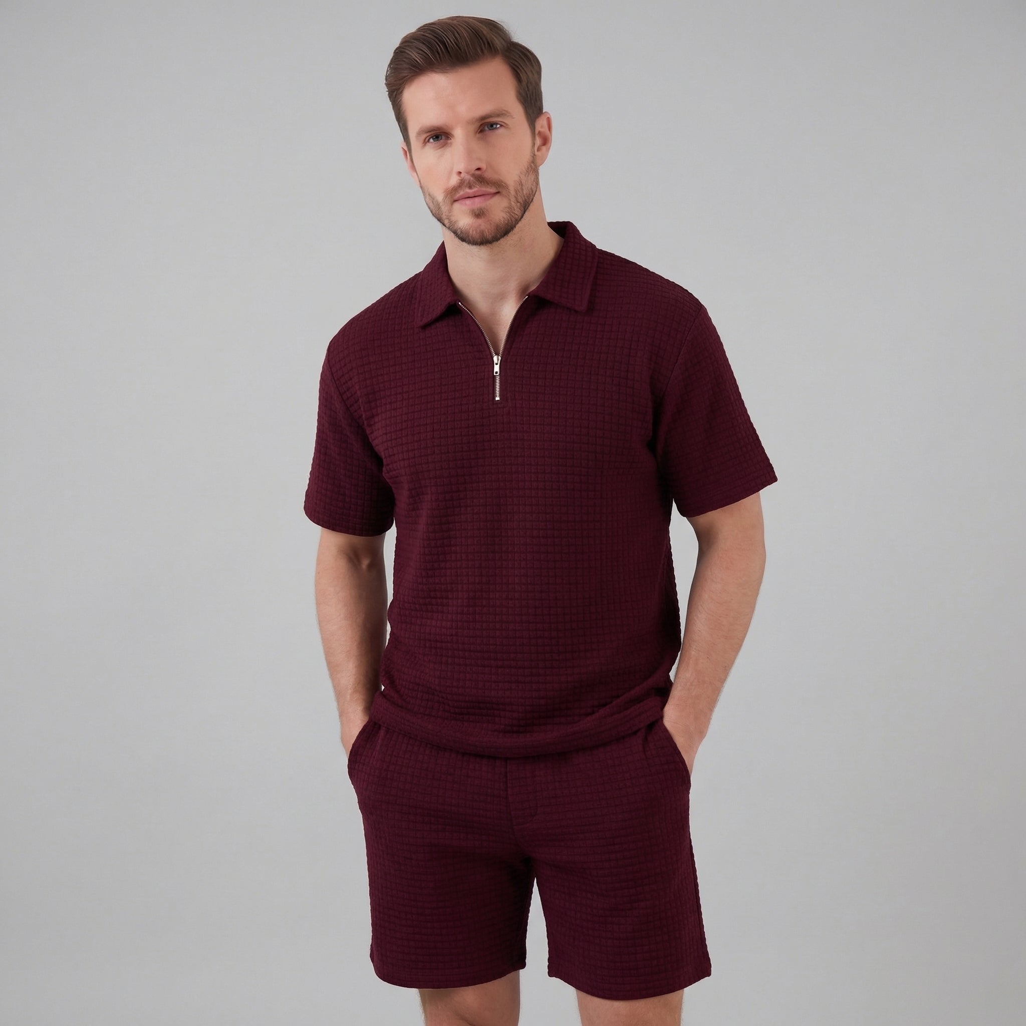 Waffle strikket sæt til mænd sommer casual halv-zip polo
