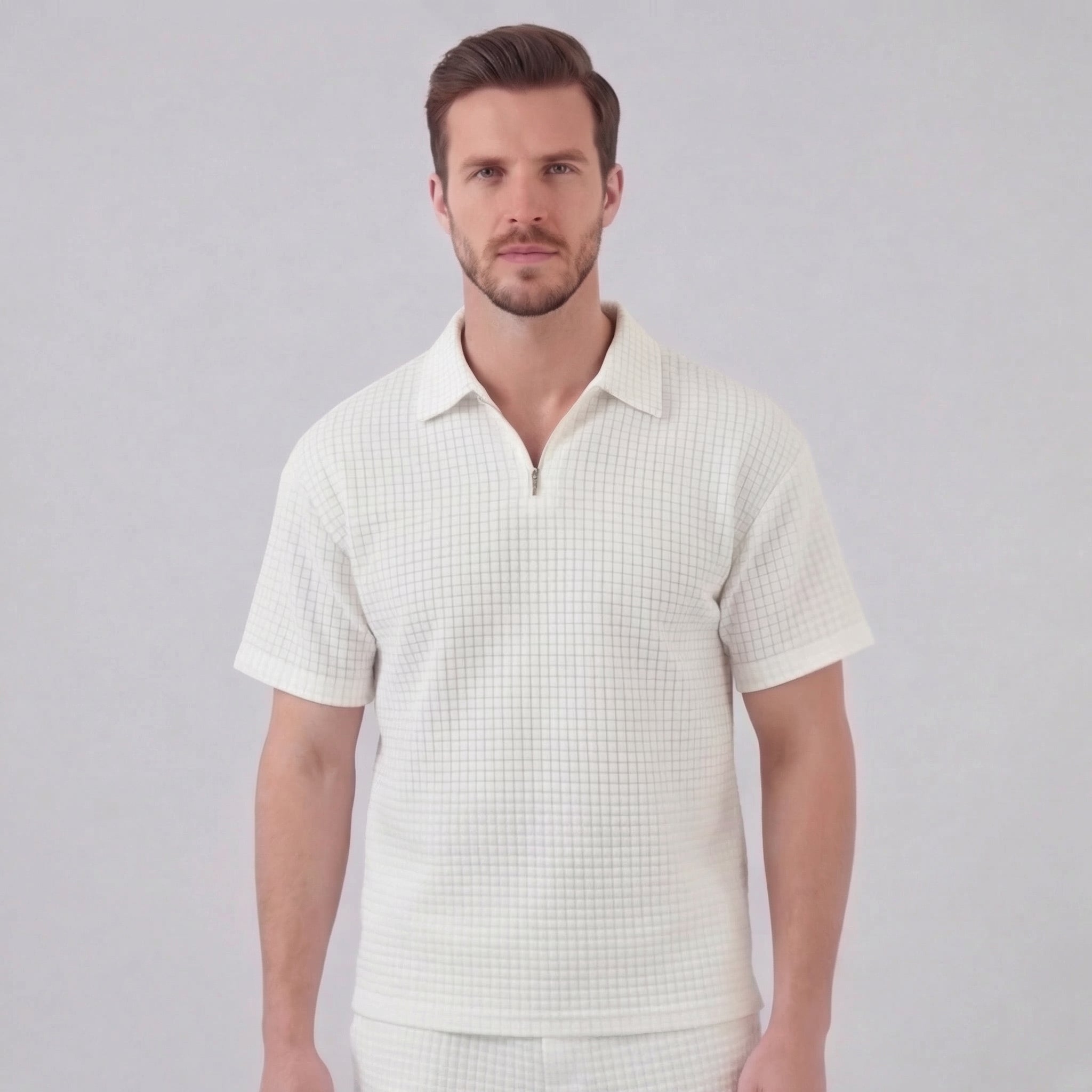 Waffle strikket sæt til mænd sommer casual halv-zip polo