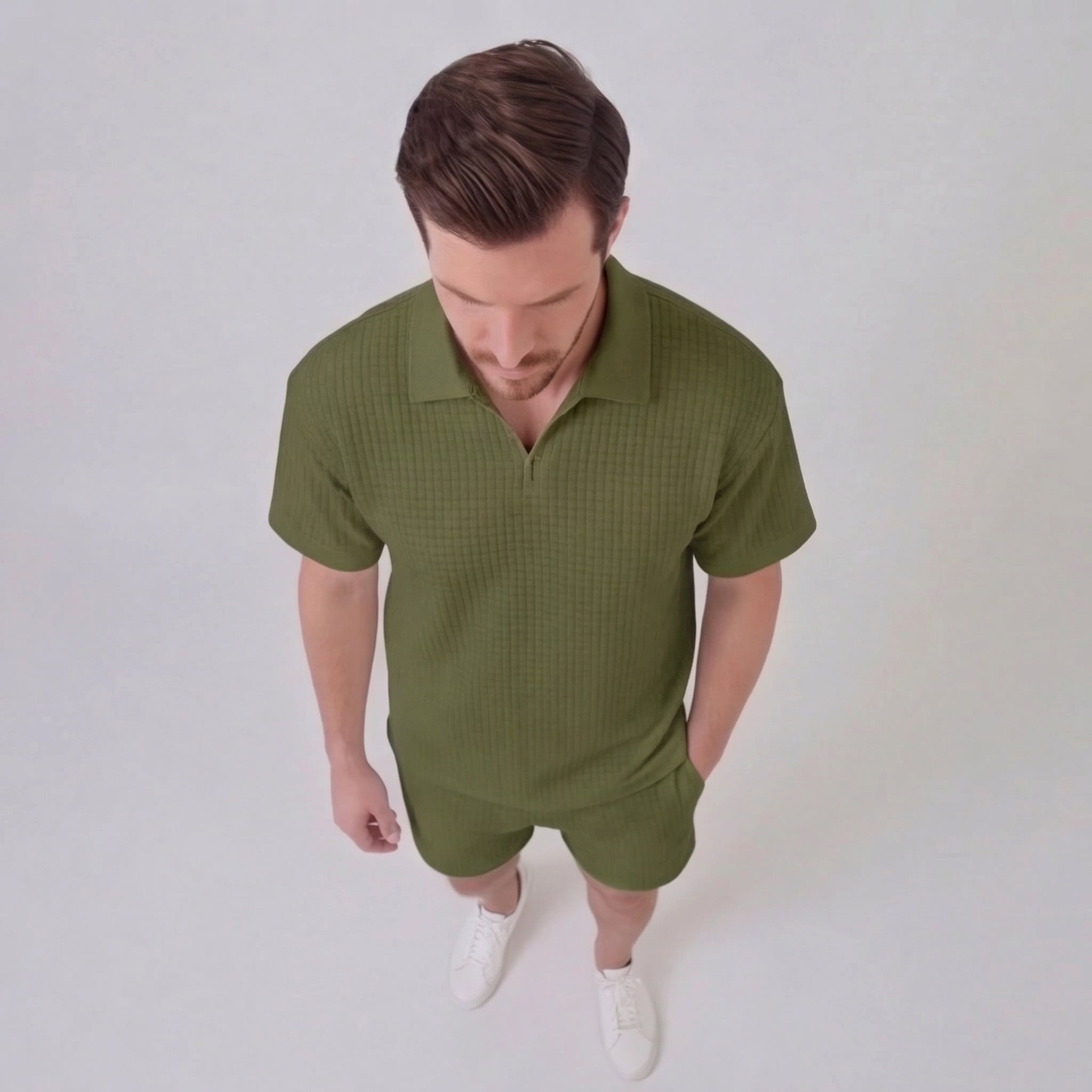 Waffle strikket sæt til mænd sommer casual halv-zip polo