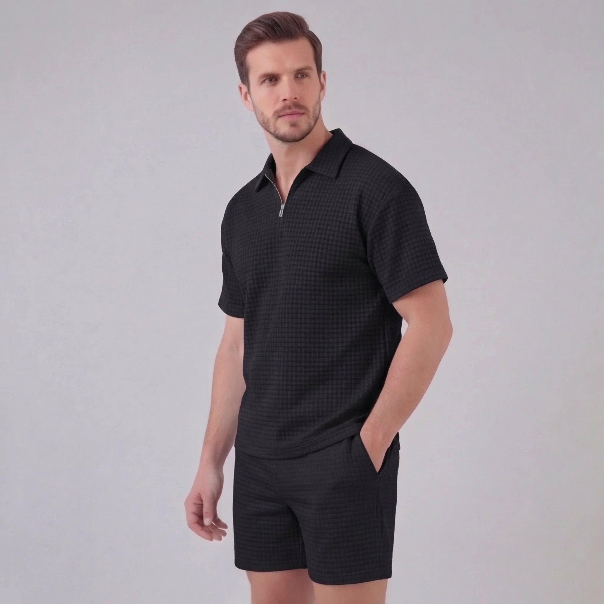 Waffle strikket sæt til mænd sommer casual halv-zip polo