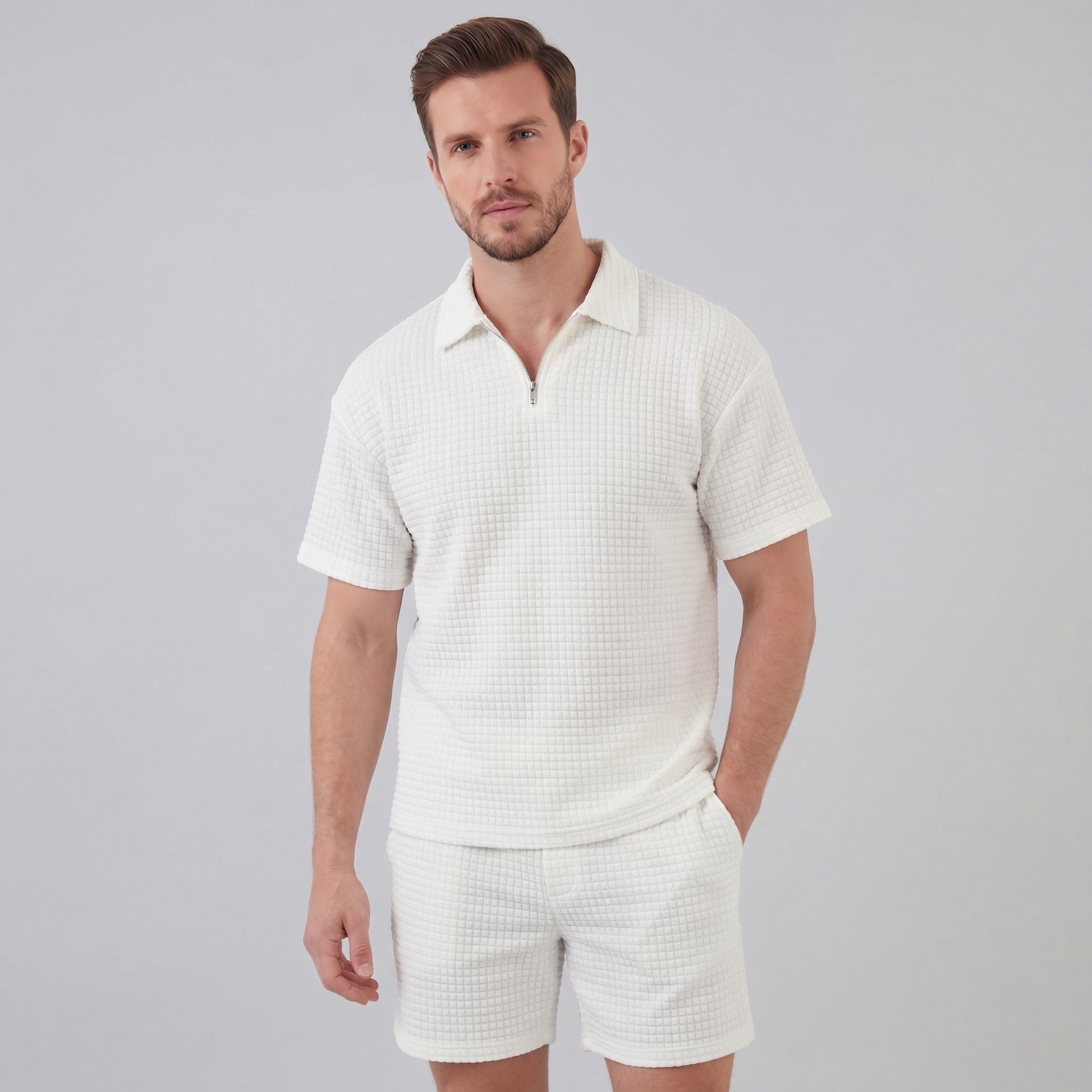 Waffle strikket sæt til mænd sommer casual halv-zip polo