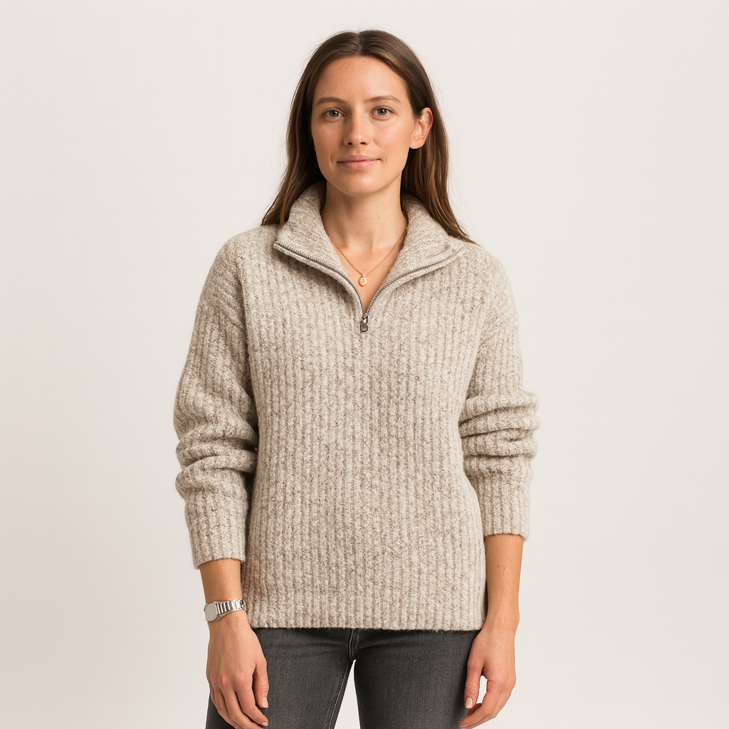 Camisola de malha para senhora com meio fecho e decote em V