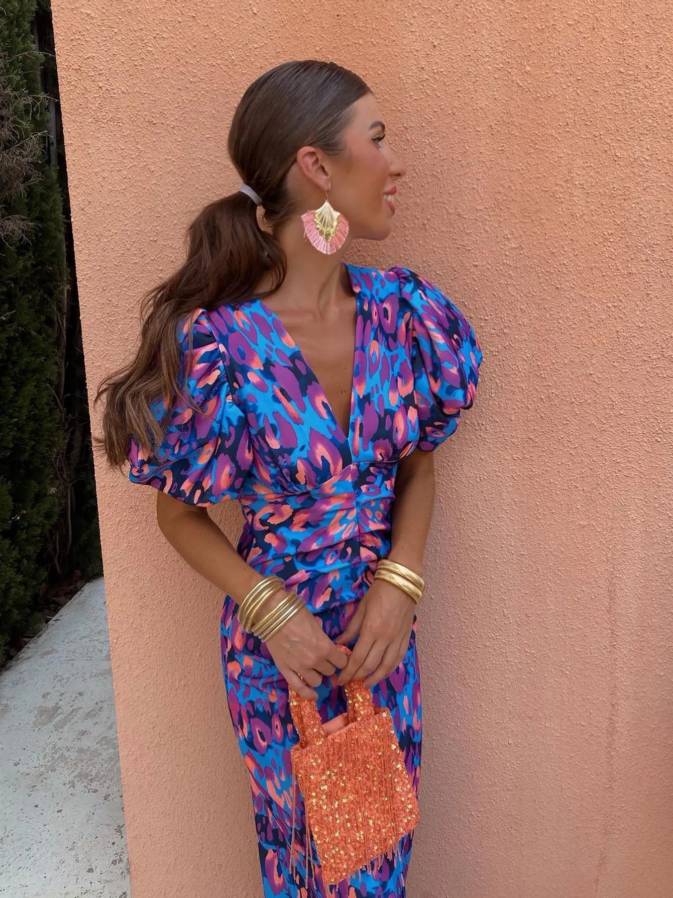 Robe d'Été Femme Col V Manches Bouffantes Décontractée