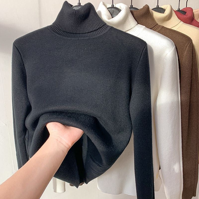 Jersey de punto fino para mujer con cuello alto y ribetes elásticos